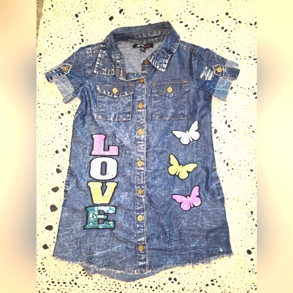 Girls, 3T Denim Dress Sequim Patches, Short Sleece, Button Down Front